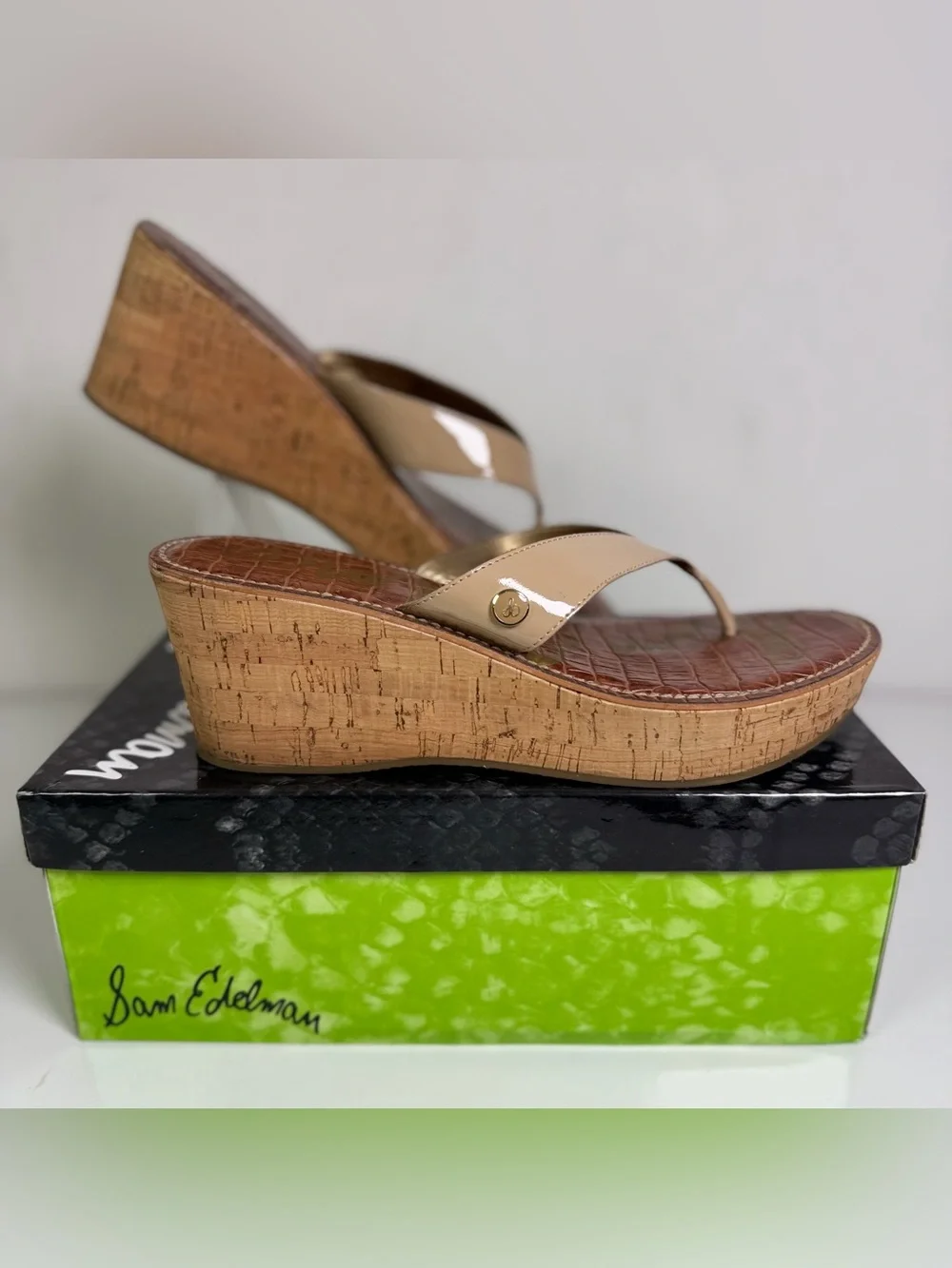 Sam Edelman Romy Y2K Classic Nude Patent Cork Wedge Platform Sandal Women’s 10